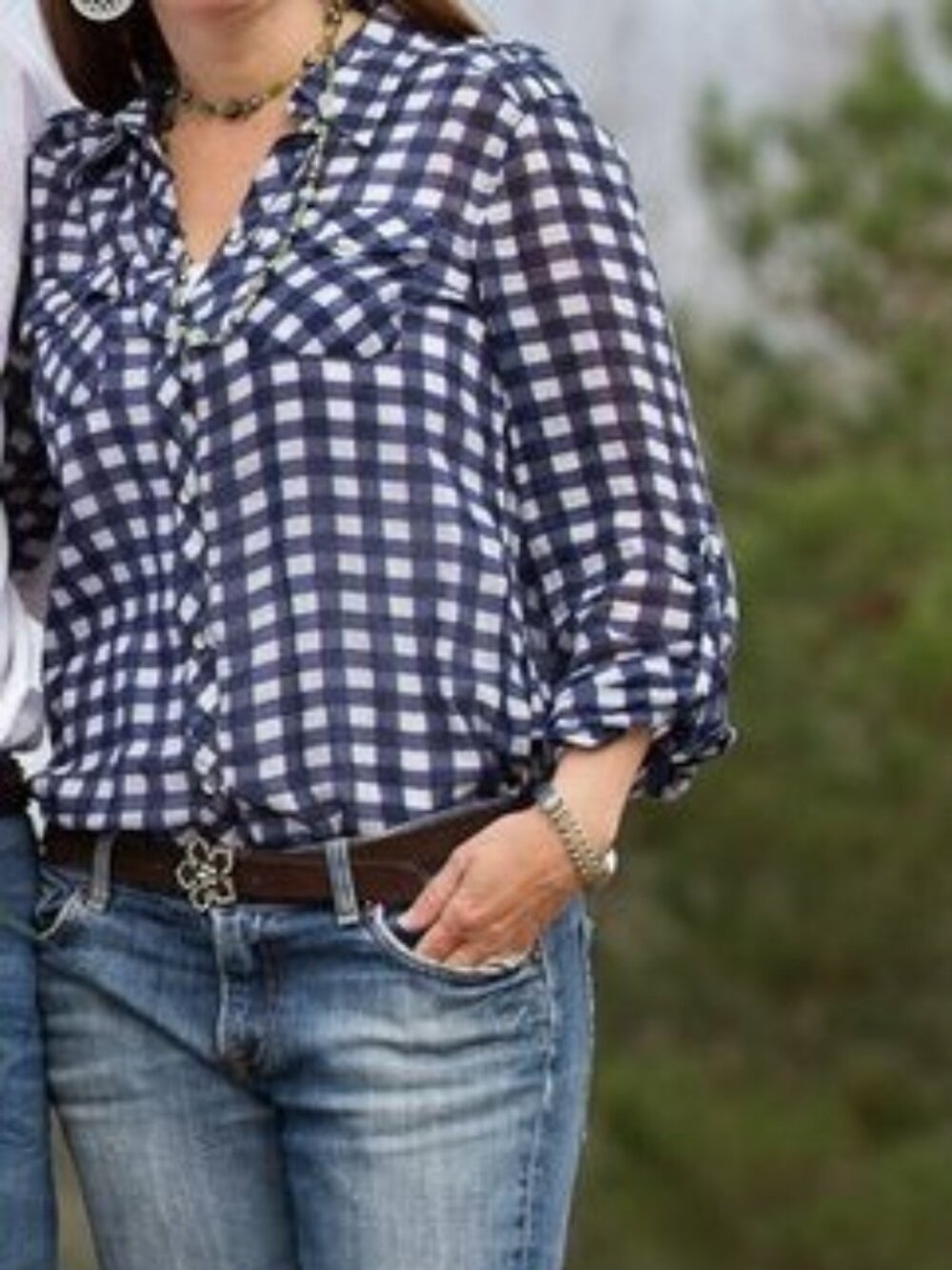 Sanctuary | Blue White Gingham Plaid Button Down Roll Tab Cotton Top | XS